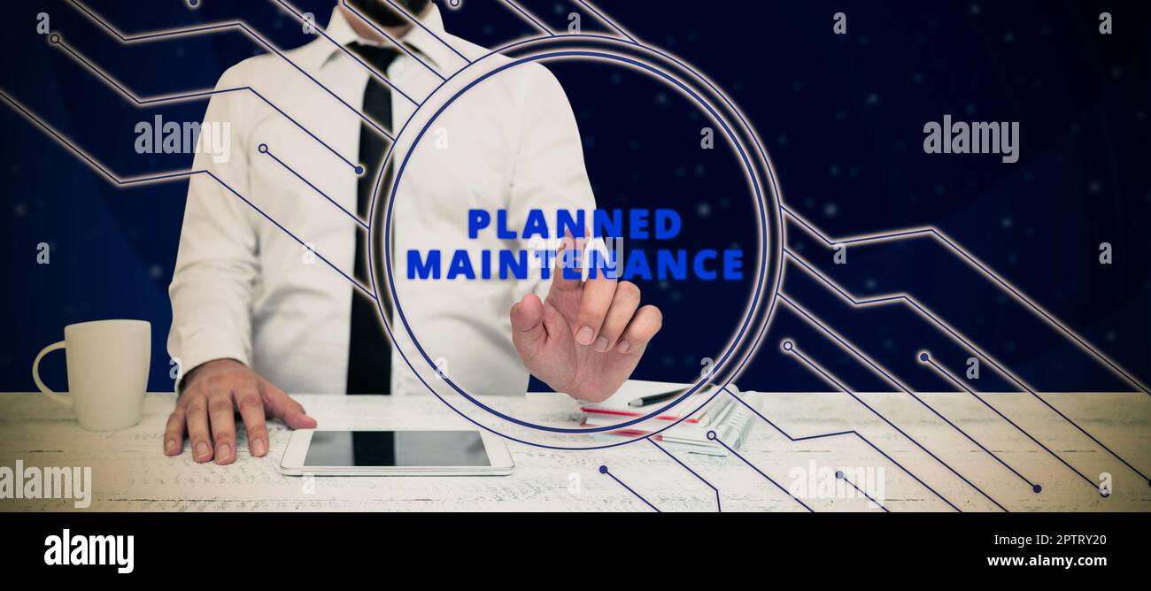 Konzeptionelle Darstellung geplante Wartung, regelmäßige Überprüfung des Geschäftsansatzes Stockfoto