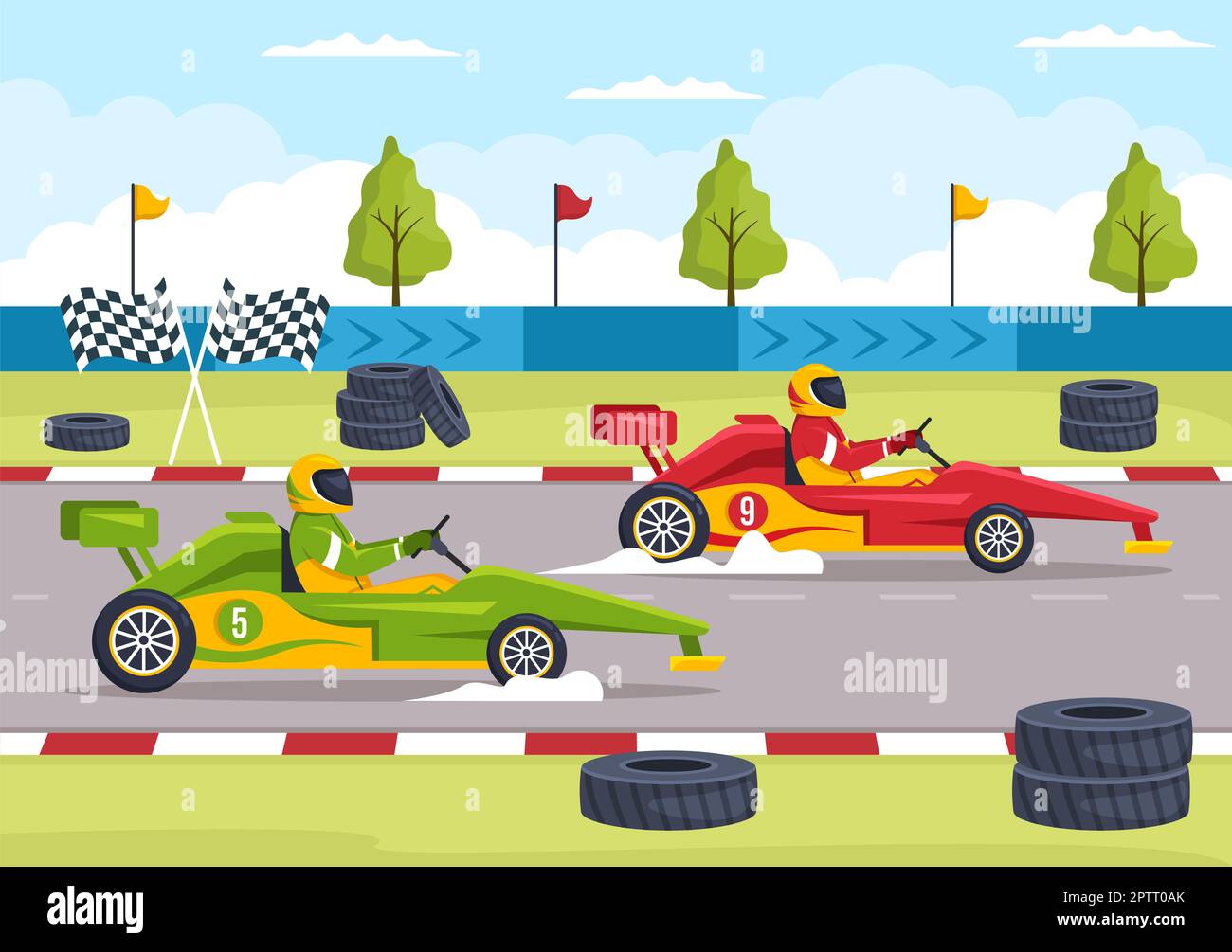 Kart-Sport mit Rennspiel Go Kart oder Mini-Auto auf einer kleinen Rennstrecke in einer flachen, handgezeichneten Schablone Stockfoto