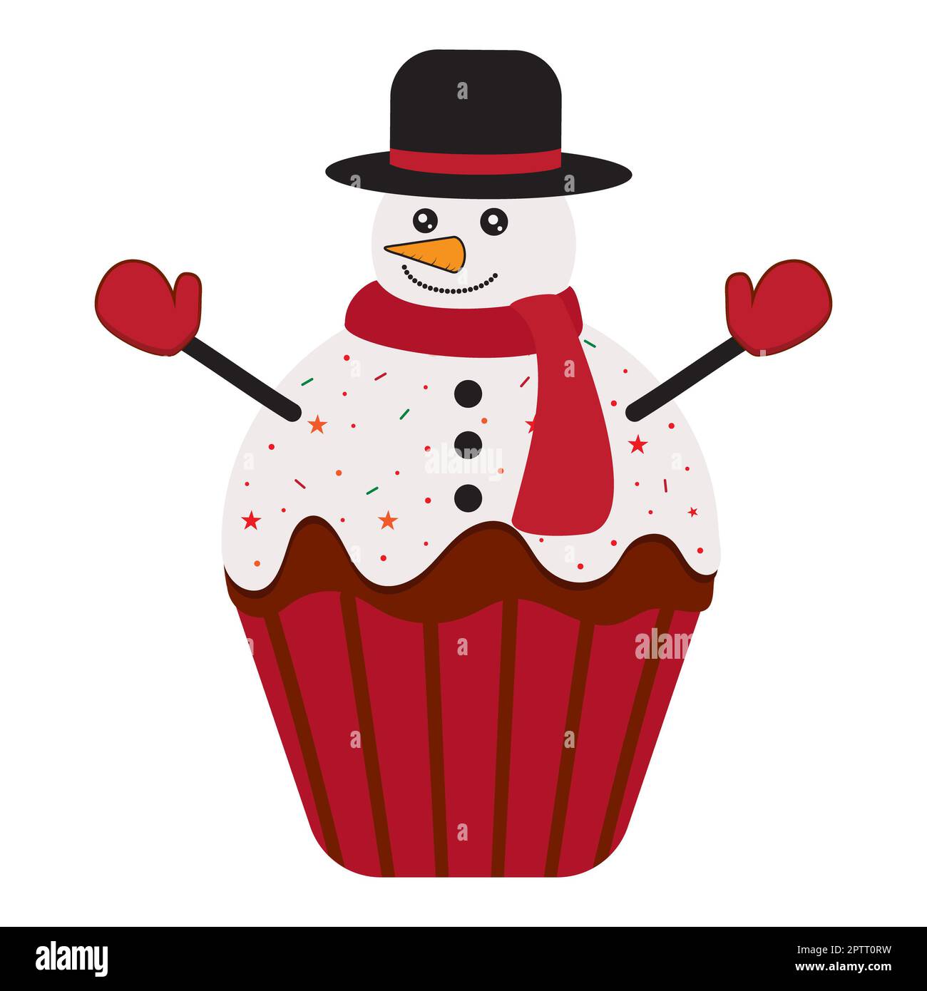 Niedlicher Vektor-Schneemann-Cupcake, Vektor-Weihnachts-Cupcake mit Schneemann, Weihnachts-Cupcake dekoriert als Schneemann, Schneemann-Kuchen isoliert auf weiß Stockfoto