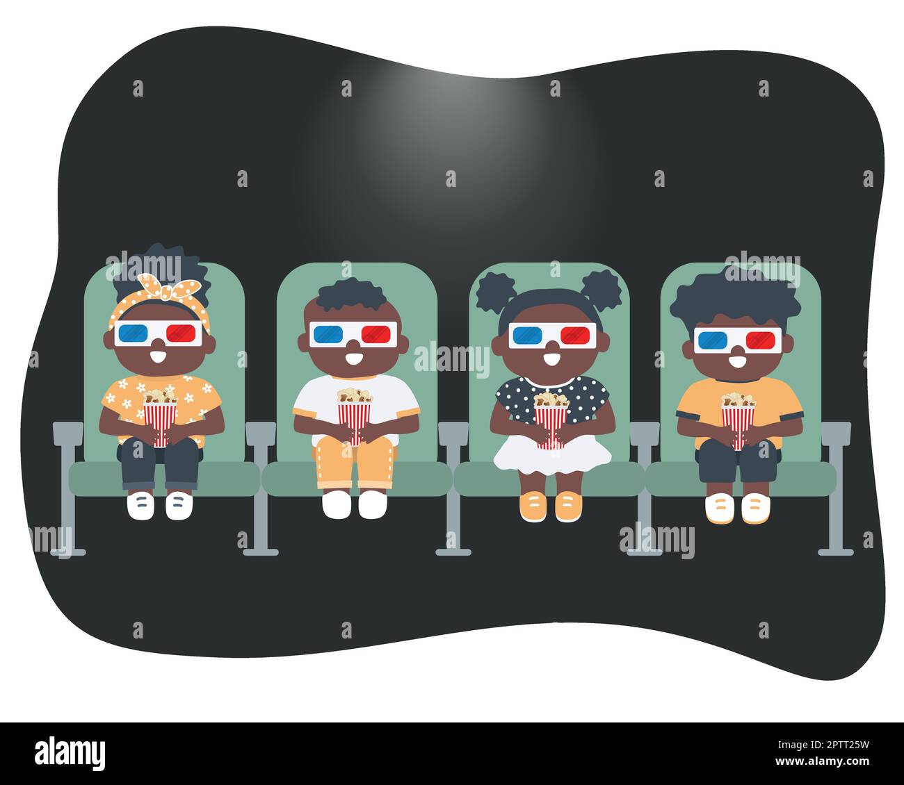 Süße schwarze Kinder sehen sich einen Film im Kino an. Jungs und Mädchen mit Popcorn sitzen auf grünen Stühlen. Vektordarstellung Stock Vektor