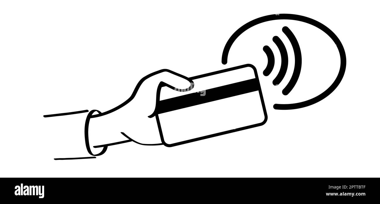 kontaktlose nfc Pay-Karte. Cartoon-Zahlung, eine Hand mit einer Kreditkarte. Zahlungskarten. Plastikkarten. Brieftasche, Geld und Hand. Finanzinvestitionen im Bankwesen. T Stockfoto