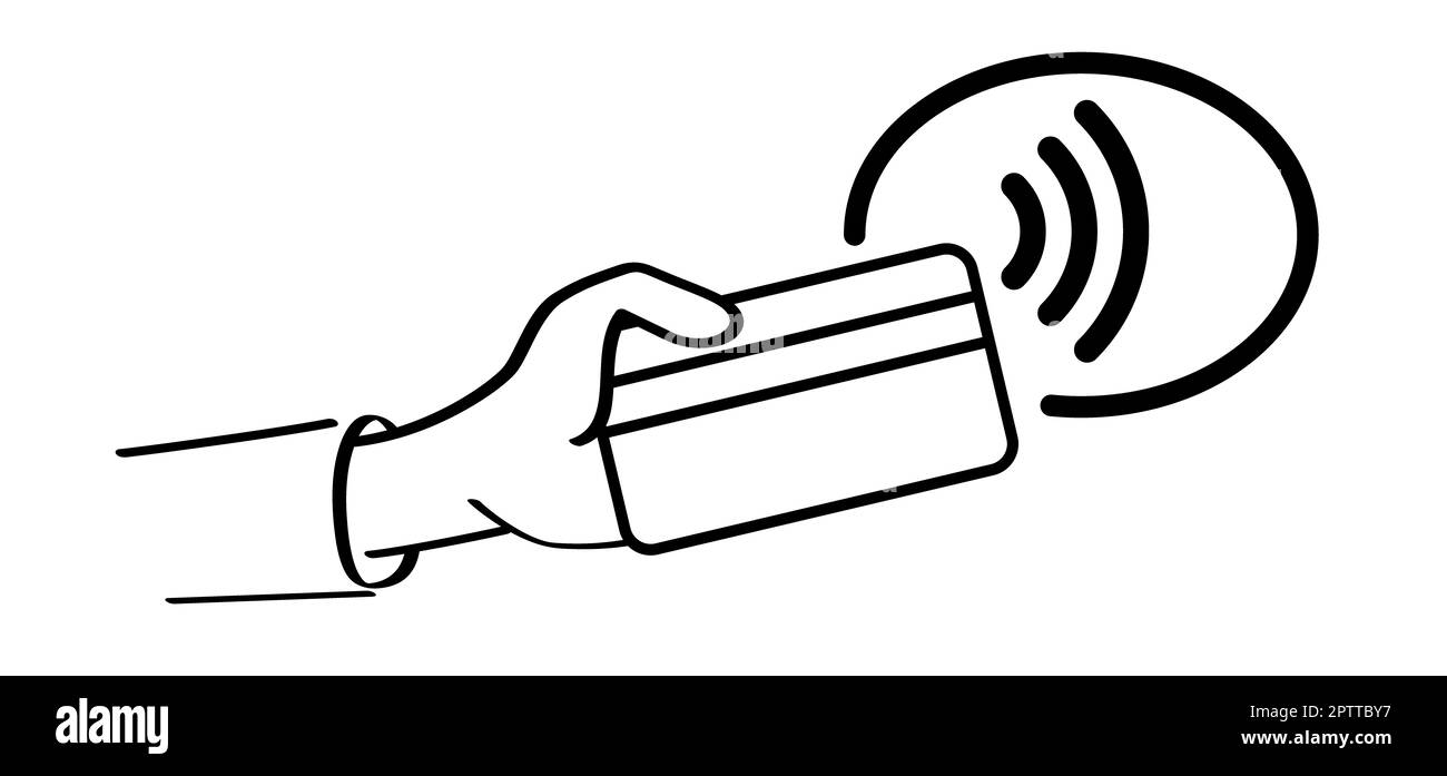kontaktlose nfc Pay-Karte. Cartoon-Zahlung, eine Hand mit einer Kreditkarte. Zahlungskarten. Plastikkarten. Brieftasche, Geld und Hand. Finanzinvestitionen im Bankwesen. T Stockfoto