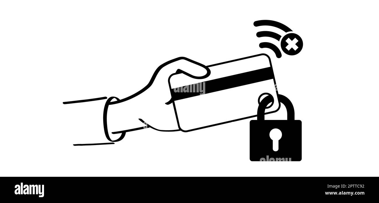nfc-Pay. Symbol für Kreditkarte mit Sperre. Sicherheitskarte der Bank gesperrt. Symbol. Bestechung. Kontaktlose Cartoon-Karte. Zahlungskarten. Geldbörse, Schutz, sichere Zahlungen, Stockfoto