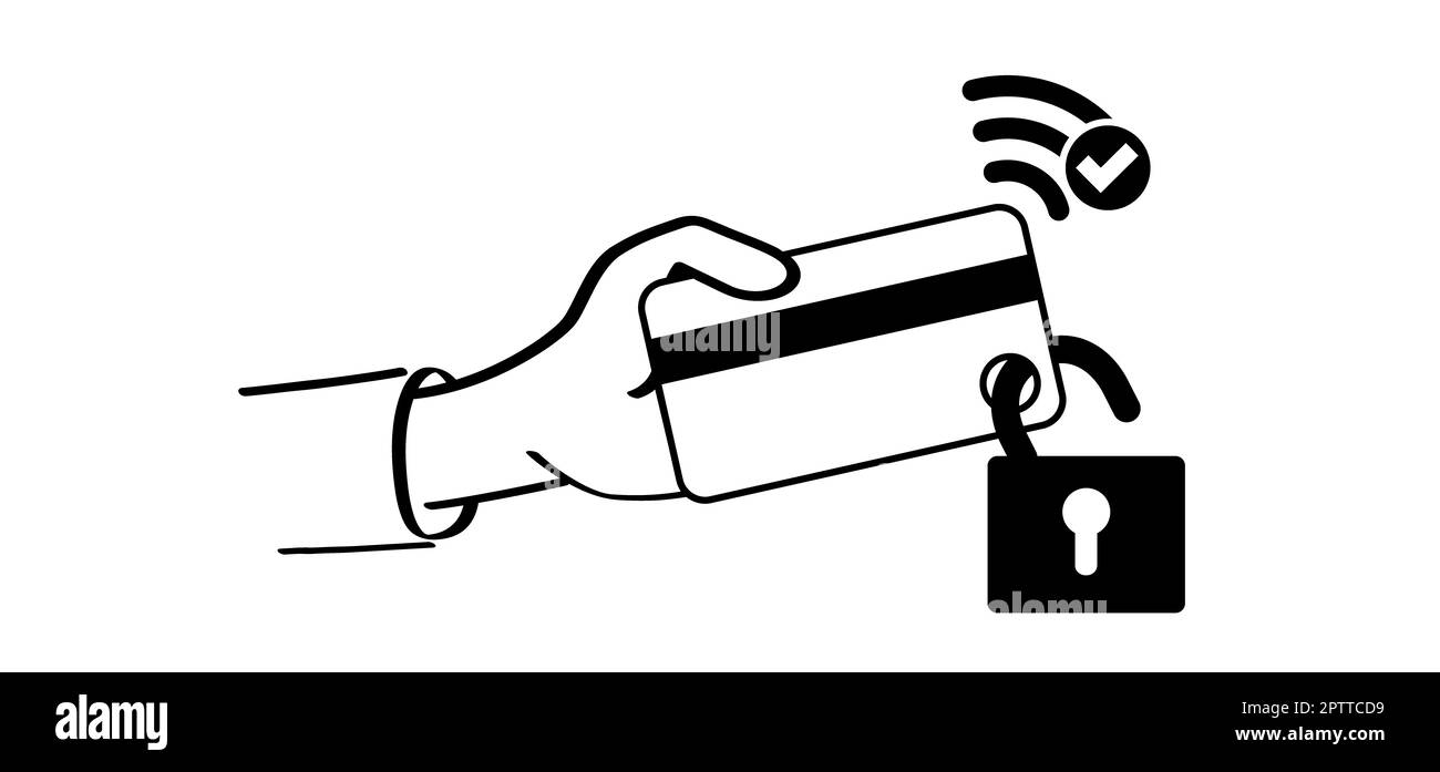 nfc-Pay. Symbol für Kreditkarte mit Sperre. Sicherheitskarte der Bank gesperrt. Symbol. Bestechung. Kontaktlose Cartoon-Karte. Zahlungskarten. Geldbörse, Schutz, sichere Zahlungen, Stockfoto