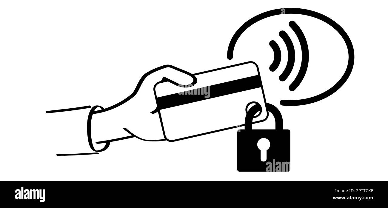 nfc-Pay. Symbol für Kreditkarte mit Sperre. Sicherheitskarte der Bank gesperrt. Symbol. Bestechung. Kontaktlose Cartoon-Karte. Zahlungskarten. Geldbörse, Schutz, sichere Zahlungen, Stockfoto