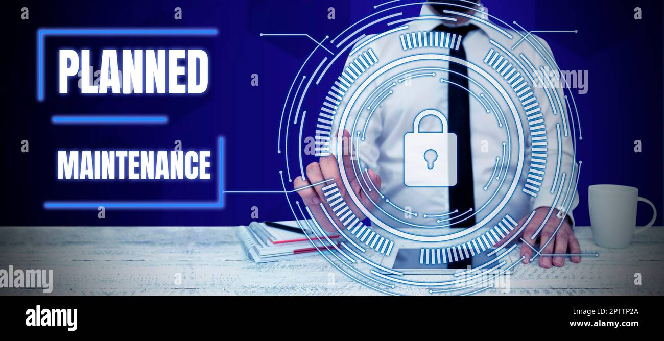 Unterschreiben Sie die Anzeige der geplanten Wartung, Konzept bedeutet, dass regelmäßig Überprüfungen durchgeführt werden müssen Stockfoto
