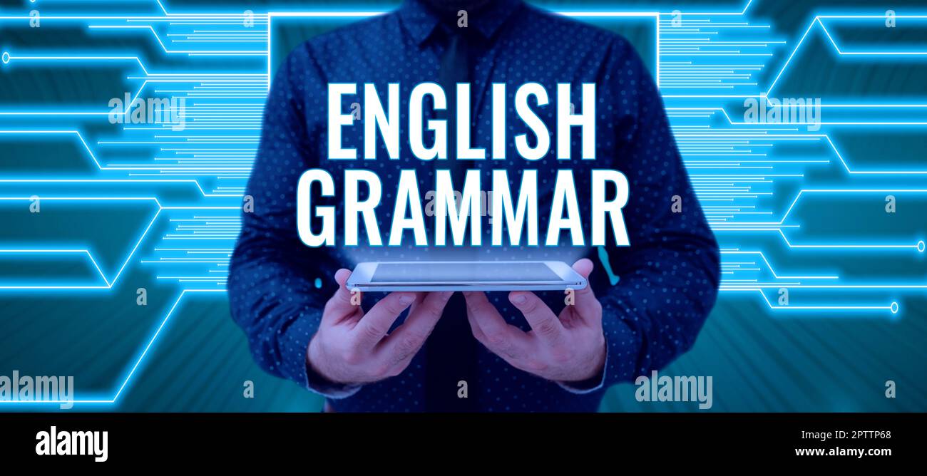 Textunterschrift mit englischer Grammatik und Kursen zum Geschäftskonzept decken alle Ebenen des Sprech- und Schreibens in englisch ab Stockfoto