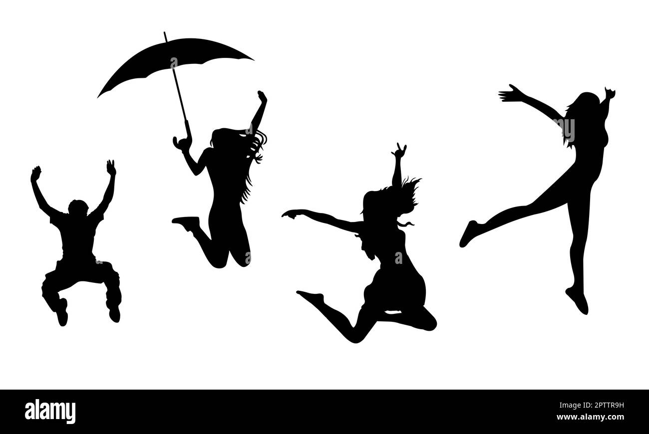 Menschen springen, Haare fließen, Regenschirm Stockfoto