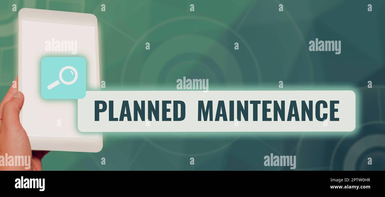 Textüberschrift mit planmäßiger Wartung und regelmäßig durchzuführenden Überprüfungen des Geschäftsansatzes Stockfoto