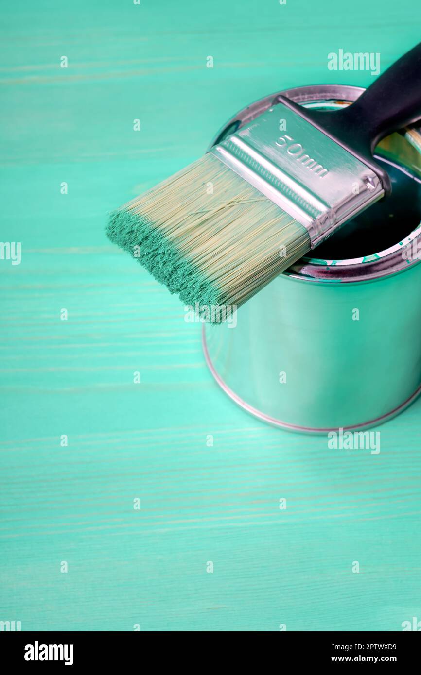 Pinsel mit der grünen Farbe liebt auf der Farbkann Stockfoto
