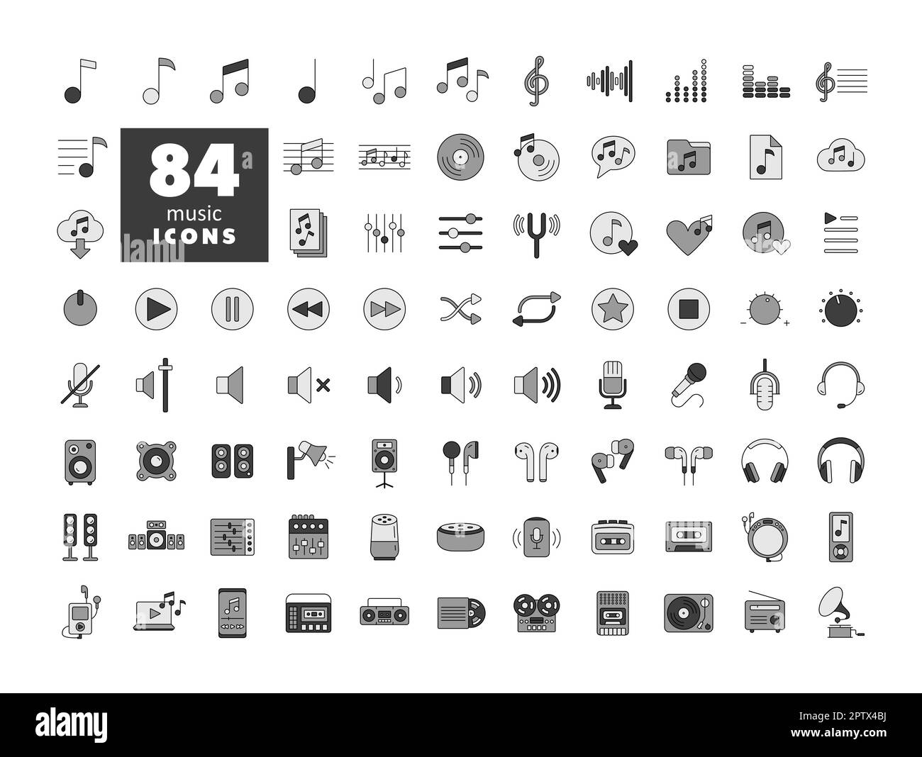 Symbolgruppe für Farbvektoren für Musik und Graustufen. Grafiksymbol für Musik und Sound Website und Apps Design, Logo, App, UI Stockfoto