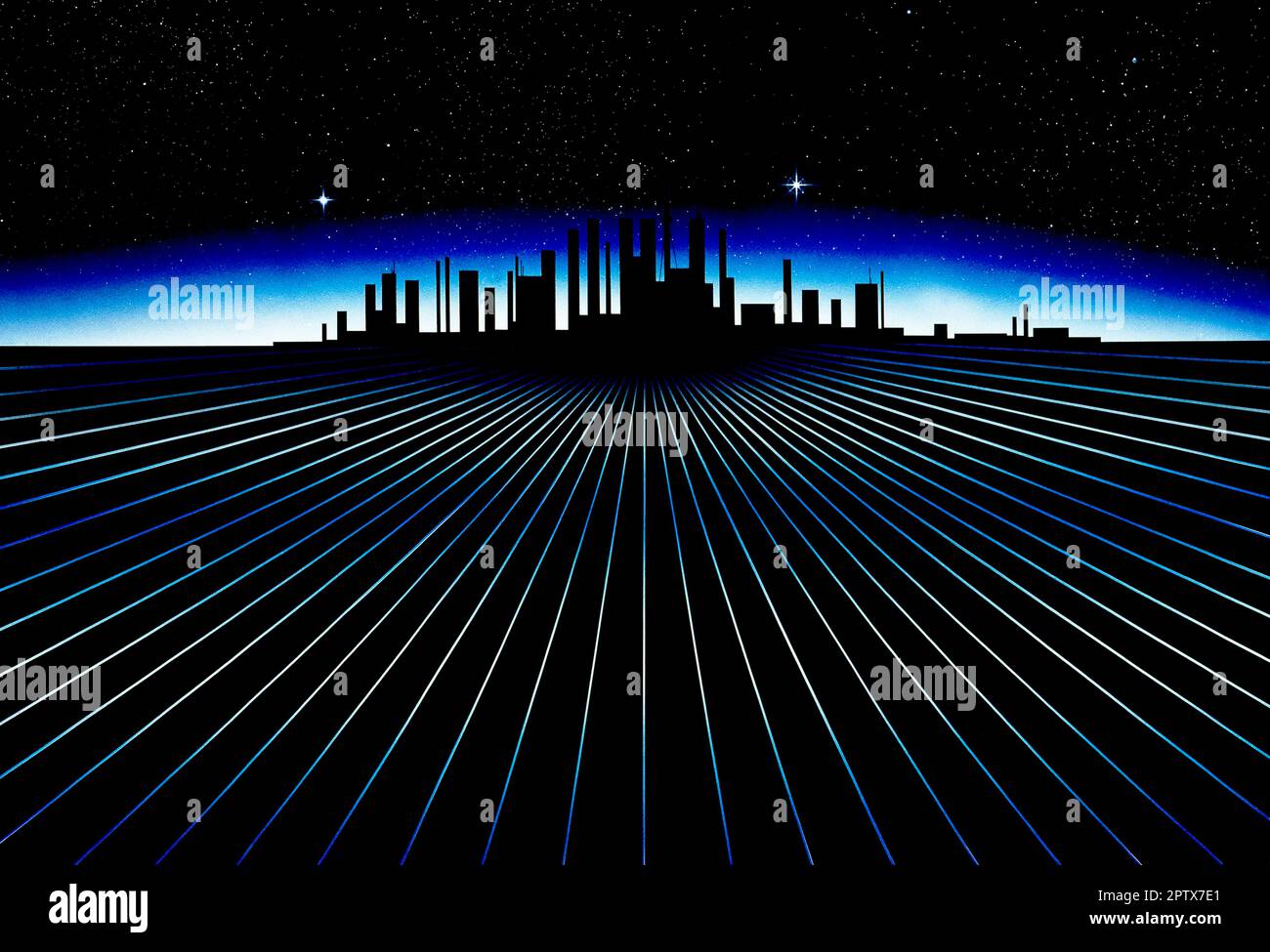 Konzeptdarstellung. Silhouette der simulierten Skyline der Stadt auf Rasterlinien. Stockfoto