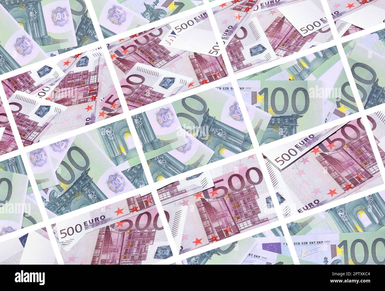 Eine Collage aus vielen Bildern von Hunderte von Dollar und Euro Rechnungen in einem Haufen Lügen Stockfoto