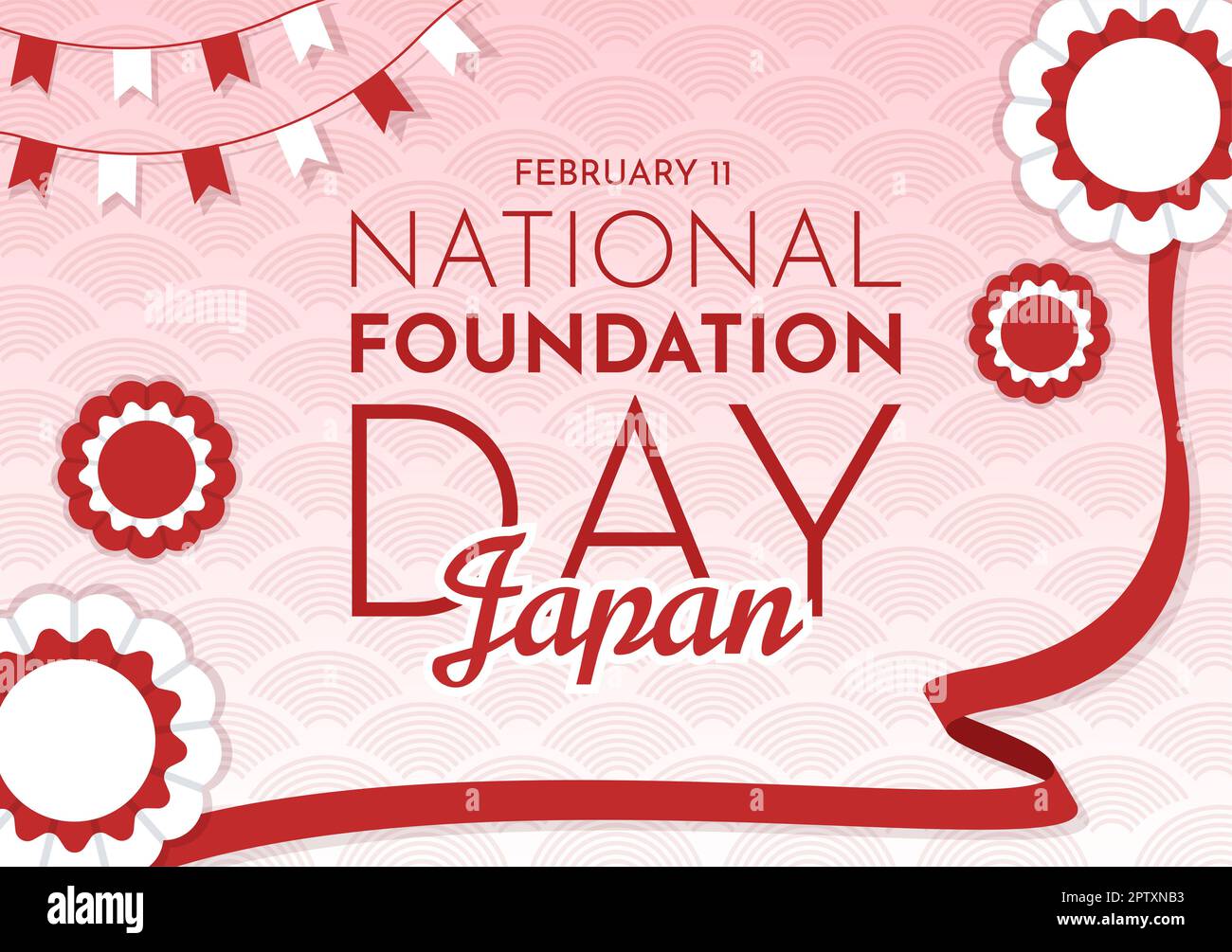 Happy Japan National Foundation Day am 11. Februar mit der Illustration berühmter japanischer Wahrzeichen und Flagge in flacher, handgezeichneter Cartoon-Schablone Stockfoto