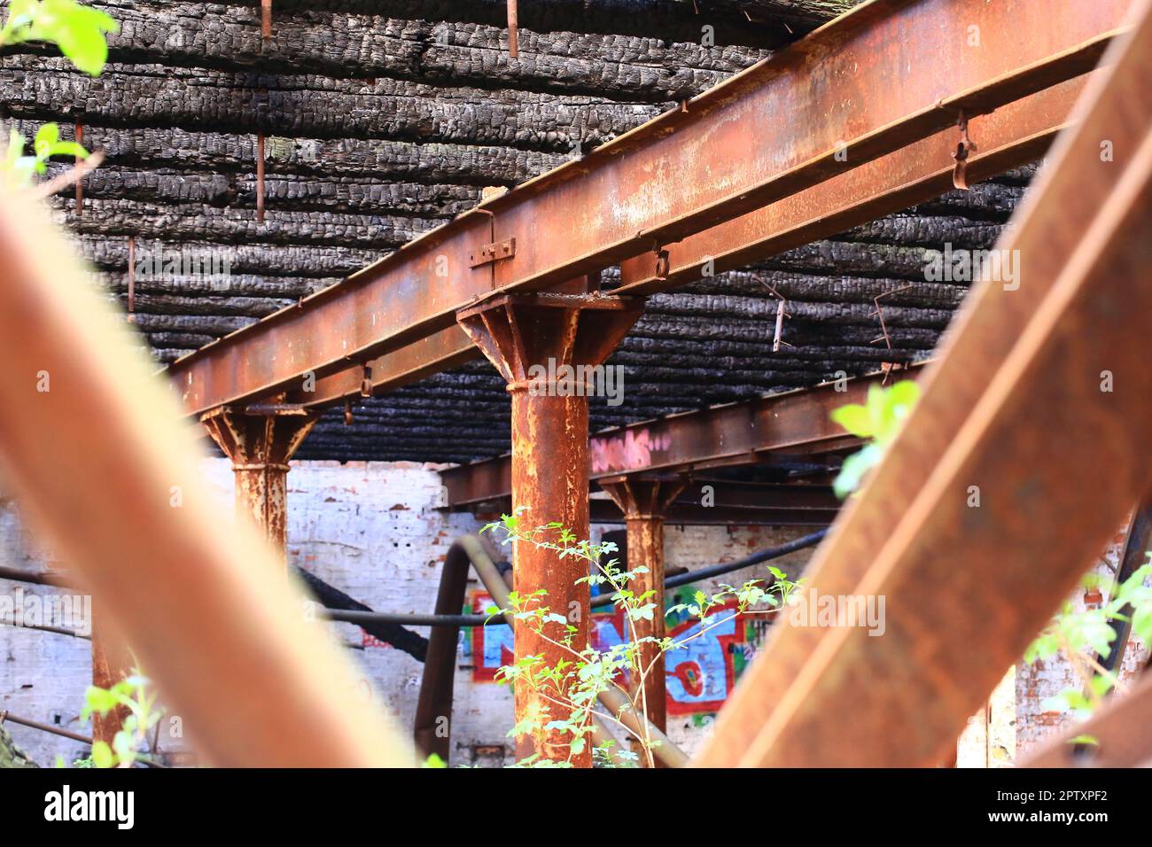 Verbrannte Holzbalken und Stahlträger in einer Ruine. Stockfoto