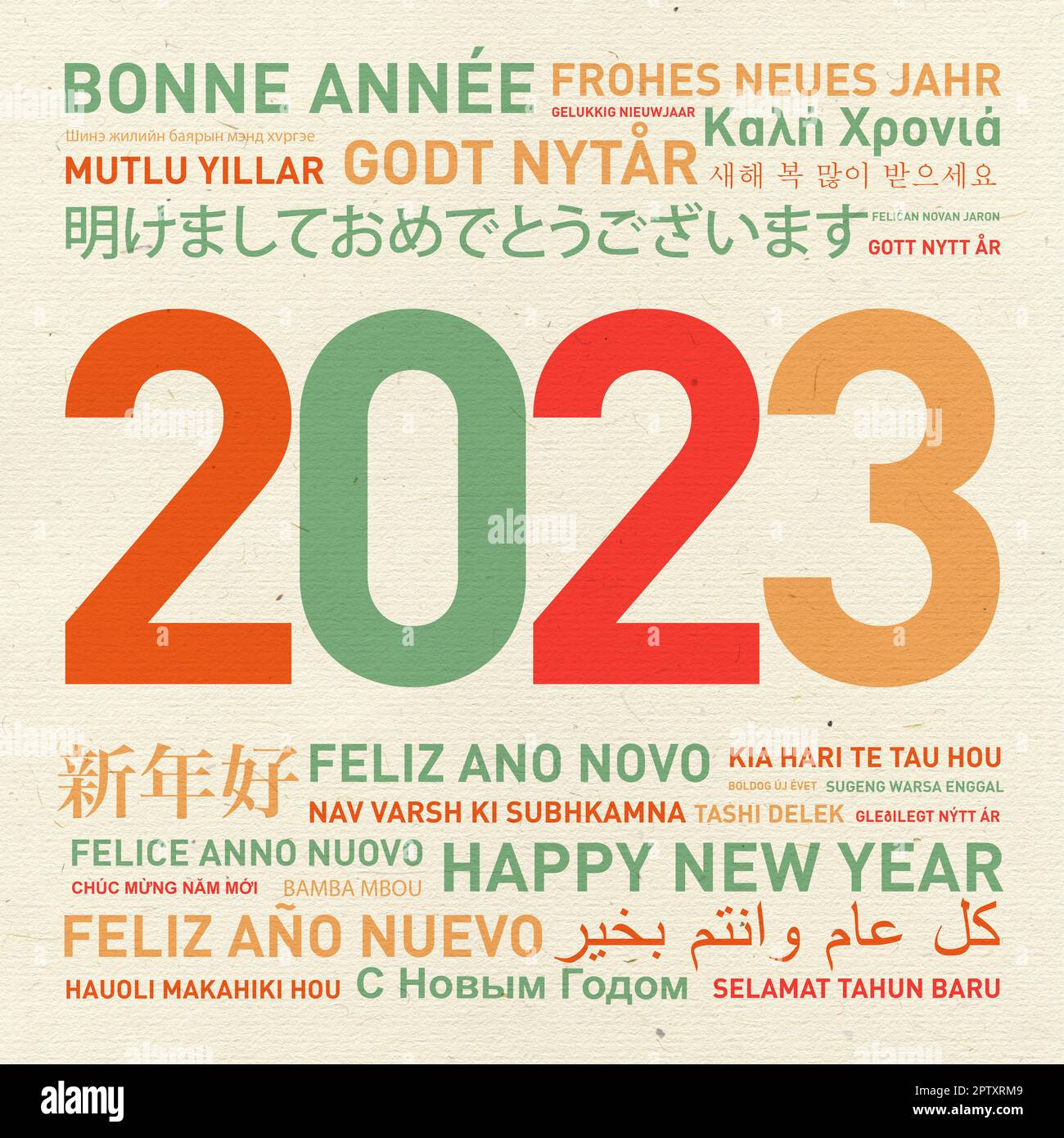 Frohes neues Jahr 2023 Karte aus der ganzen Welt in verschiedenen Sprachen Stockfoto