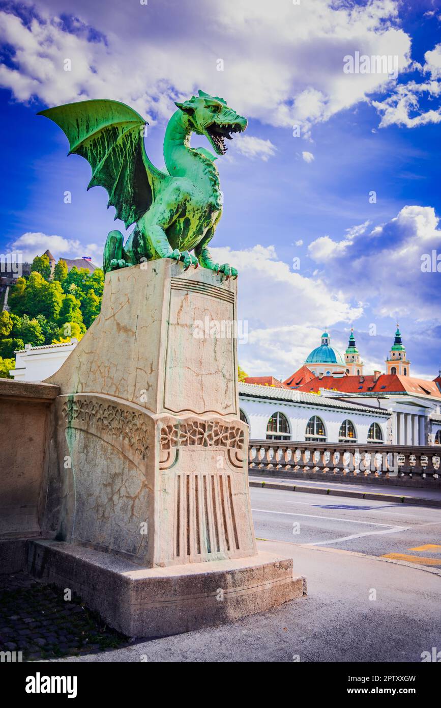 Ljubljana, Slowenien. Drachenbrücke (Zmajski Most), Symbol von Ljubljana, Hauptstadt Sloweniens, Europa. Stockfoto