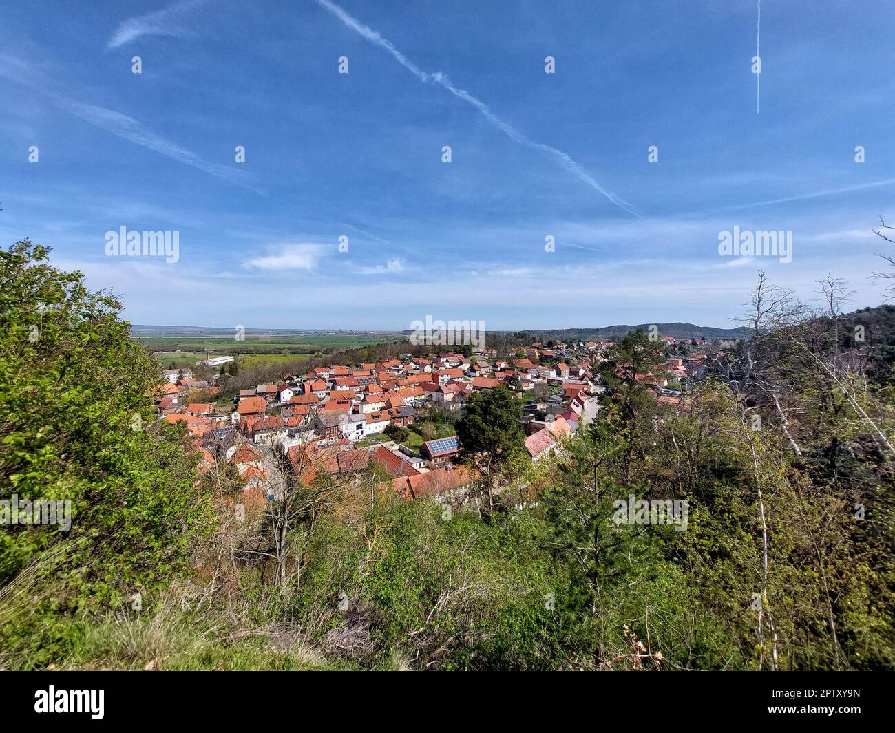 Blick auf die deutsche Stadt Langenstein im Harz-Gebirge. Stockfoto