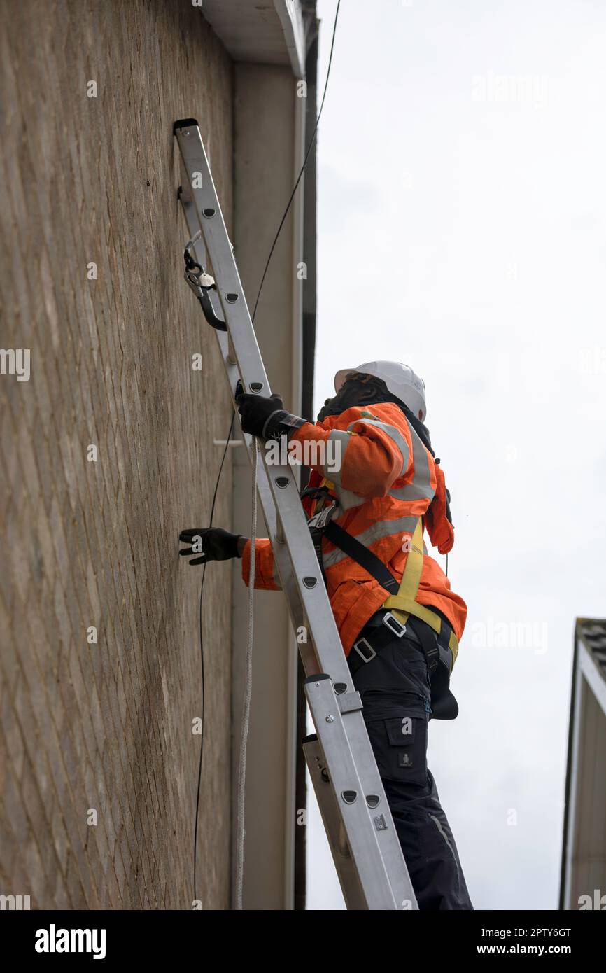 Installation von Breitband-Glasfaserkabeln in einem Haus-FTTH mit zwei Technikern Stockfoto
