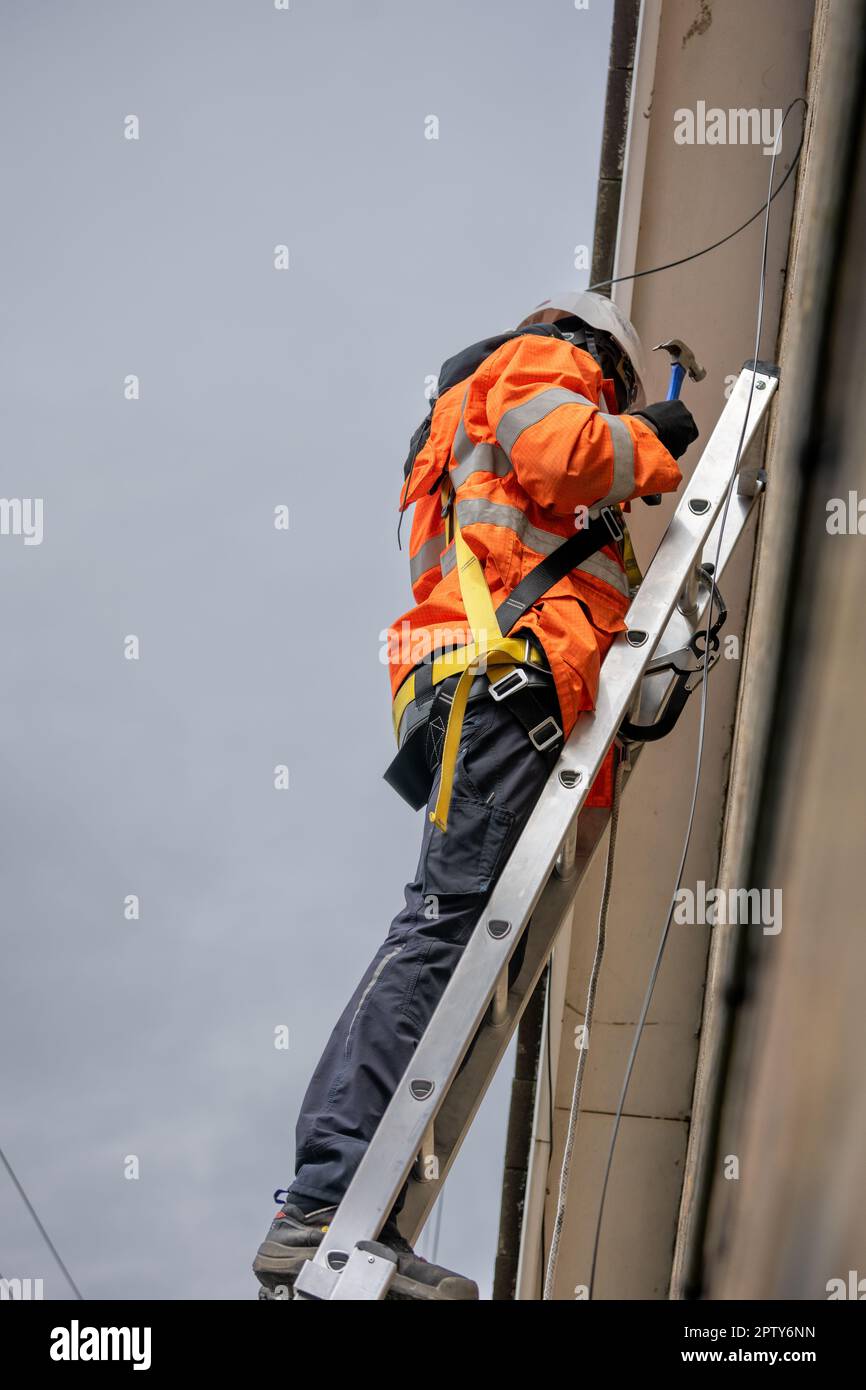 Installation von Breitband-Glasfaserkabeln in einem Haus-FTTH mit zwei Technikern Stockfoto