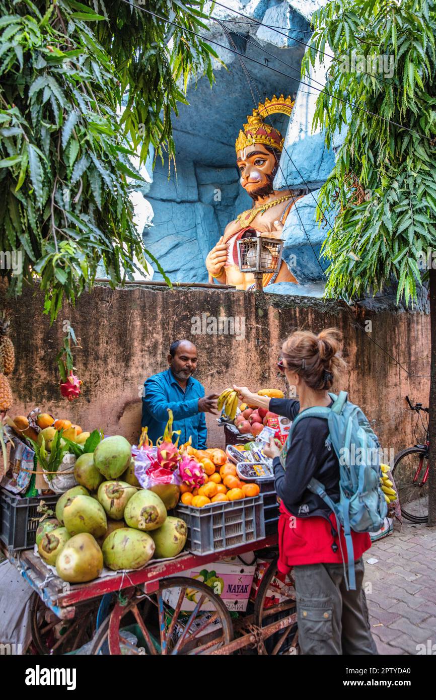 Indien, Uttarakhand, Rishikesh, Fruitstall. Tourist. Stockfoto