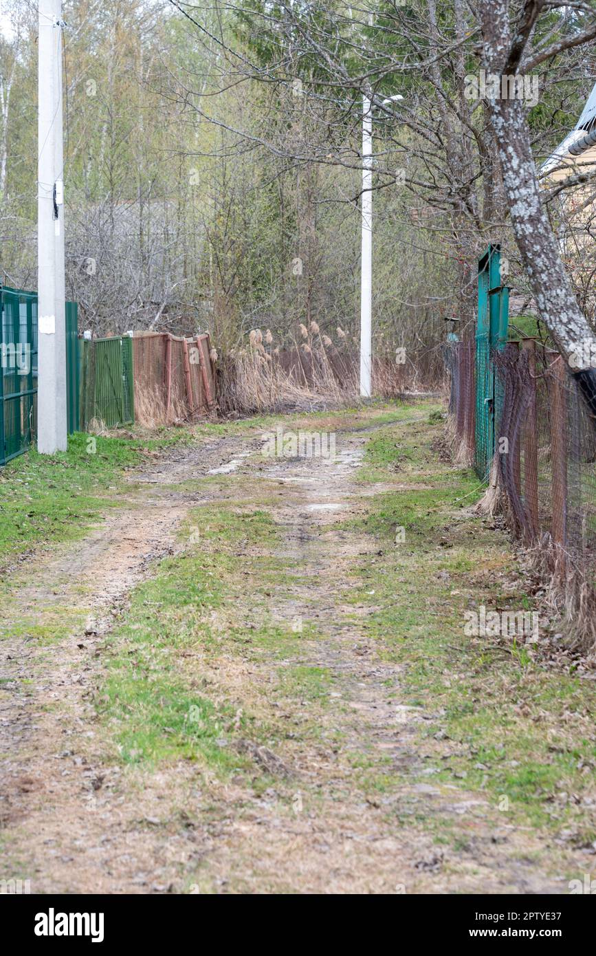 Straße auf dem Land, wackelige Zäune und Betonbeleuchtungsmasten. Ländlich, Garten, Land. Stockfoto