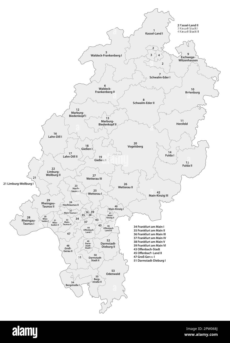 Karte der Wahlkreise in Hessen für die Landtagswahl 2023 in deutscher Sprache Stock Vektor