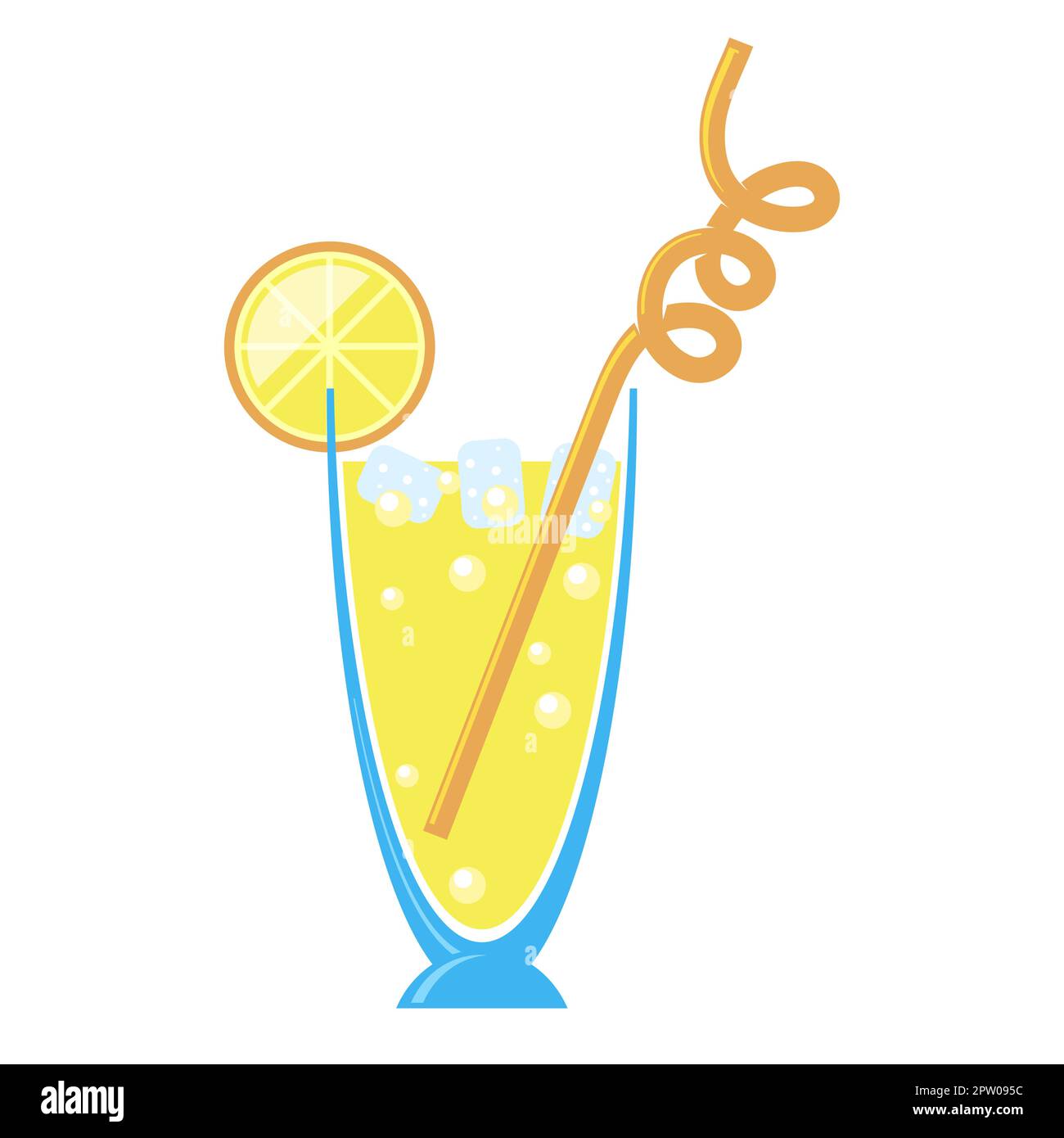 Gelber Cocktail mit orangefarbener Scheibe. Eine Illustration des klassischen Getränks mit Eis in blauem Glas. Sommer kalt kohlensäurehaltiges Alkoholgetränk mit Stroh. Stock Vektor