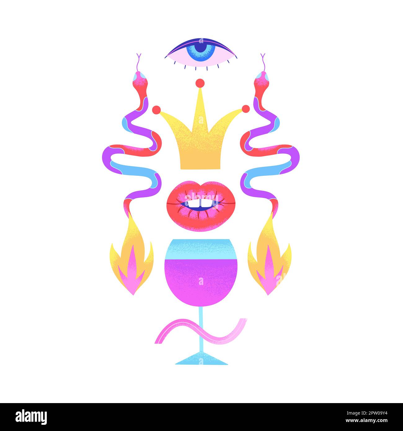 Psychedelische Zusammensetzung mit einem Glas Wein, Schlangen, Krone, Auge, Lippen, Feuer auf weißem Hintergrund isoliert. Zeitgenössische Kunst. Seltsam surreal abstrakt de Stockfoto
