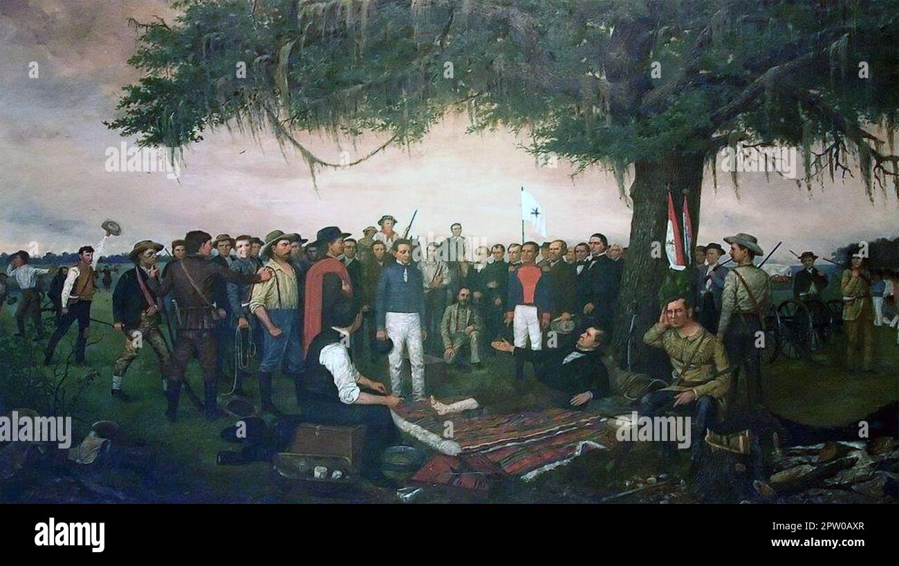 SCHLACHT UM SAN JACINTO 1836. Der mexikanische General Santa Anna ergibt sich dem Verwundeten Sam Houston in einem Gemälde von William Huddle aus dem Jahr 1886 Stockfoto