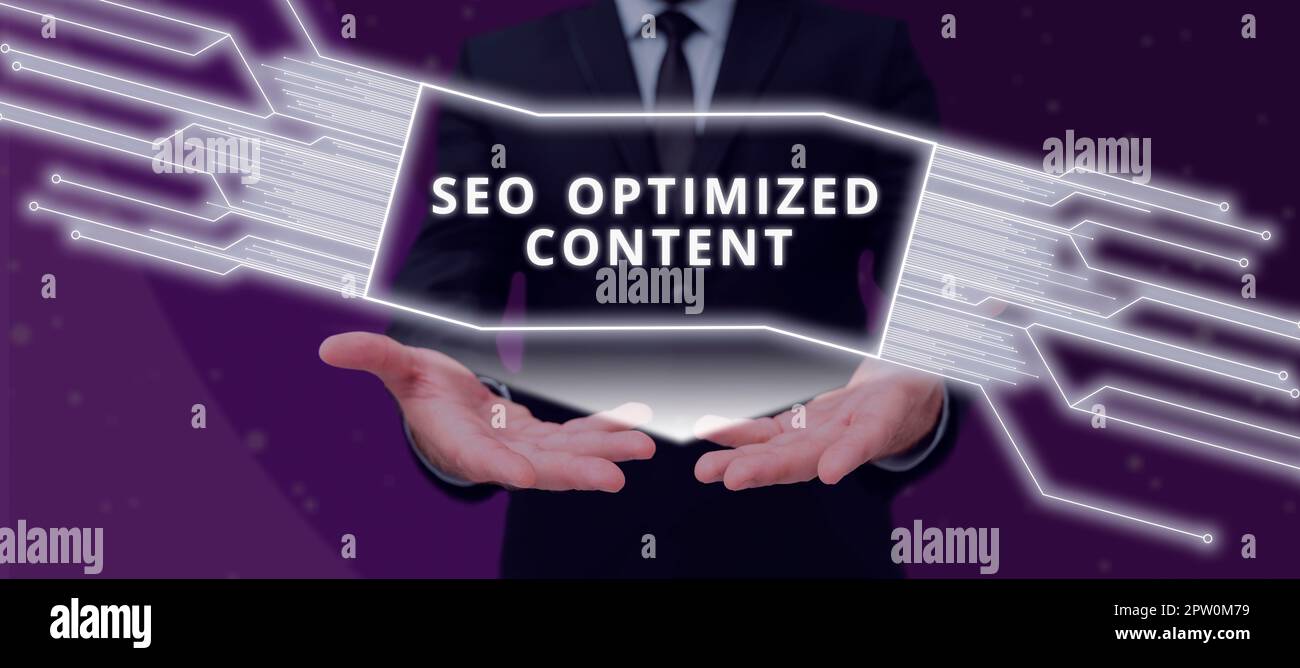 Schild mit Seo-optimierten Inhalten, Internetkonzept, wodurch Webseiten für Suchmaschinen attraktiv werden Stockfoto