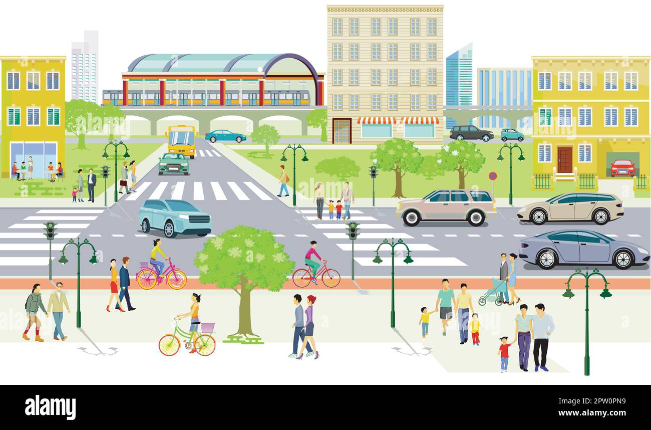 Menschen auf dem Fußgängerweg und Straßenverkehr im Wohnviertel, Illustration Stock Vektor
