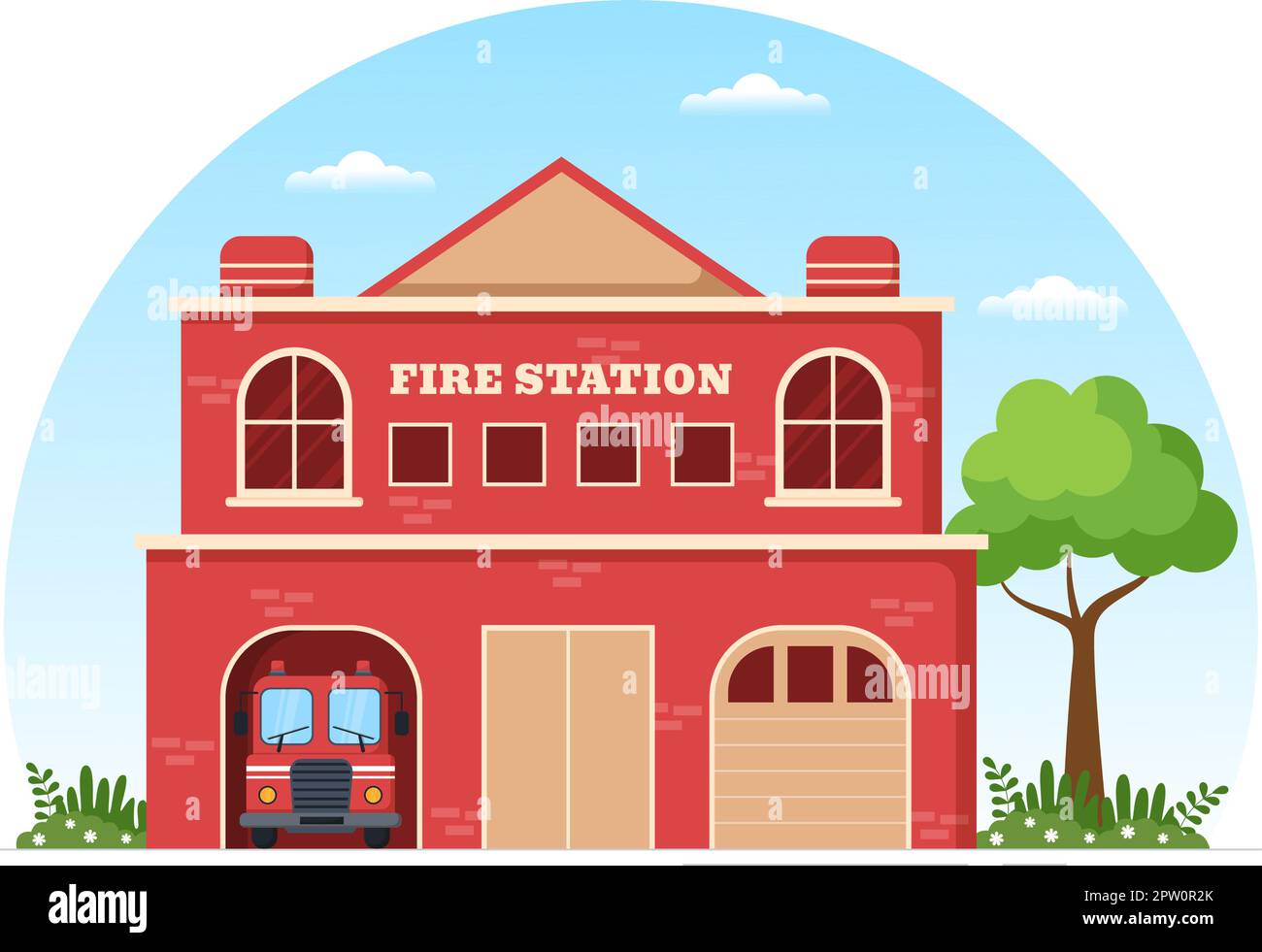 Feuerwehr mit Feuerwehrleuten, die Haus, Wald löschen und Menschen in verschiedenen Situationen helfen in flacher Hand gezeichneter Cartoon Illustration Stock Vektor