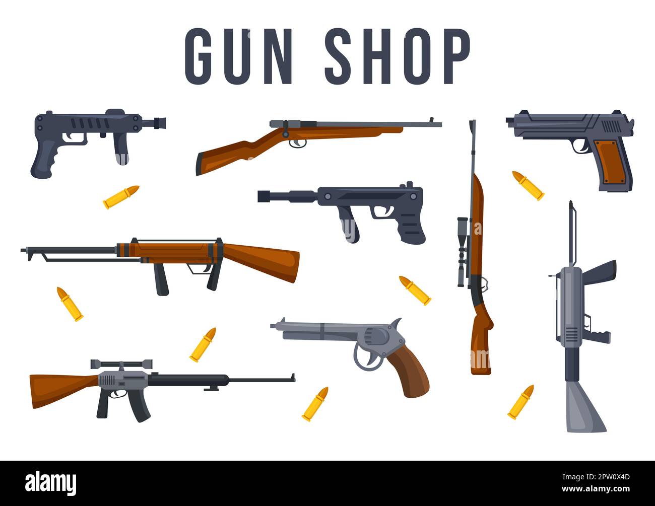 Waffengeschäft oder Jagd mit Gewehr, Kugel, Waffe und Jagdausrüstung in flacher Cartoon Handgezeichnete Vorlagen Illustration Stockfoto