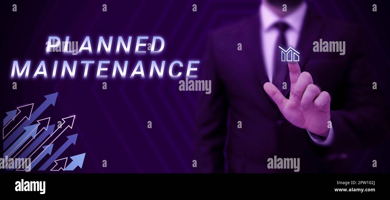 Schreiben mit Text „geplante Wartung“, „Business Overview Check ups“, die regelmäßig durchgeführt werden sollen Stockfoto