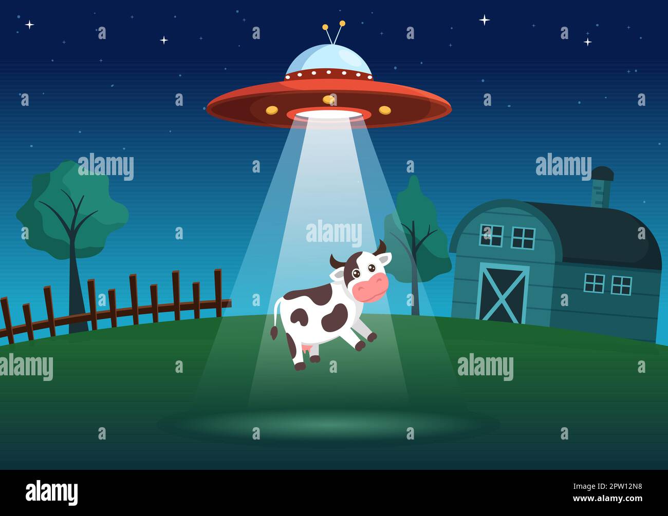 UFO fliegendes Raumschiff mit fliegender Untertasse über dem Stadthimmel Kanäle Menschen oder Tiere in flachen Cartoon Handgezeichnete Vorlagen Illustration Stock Vektor