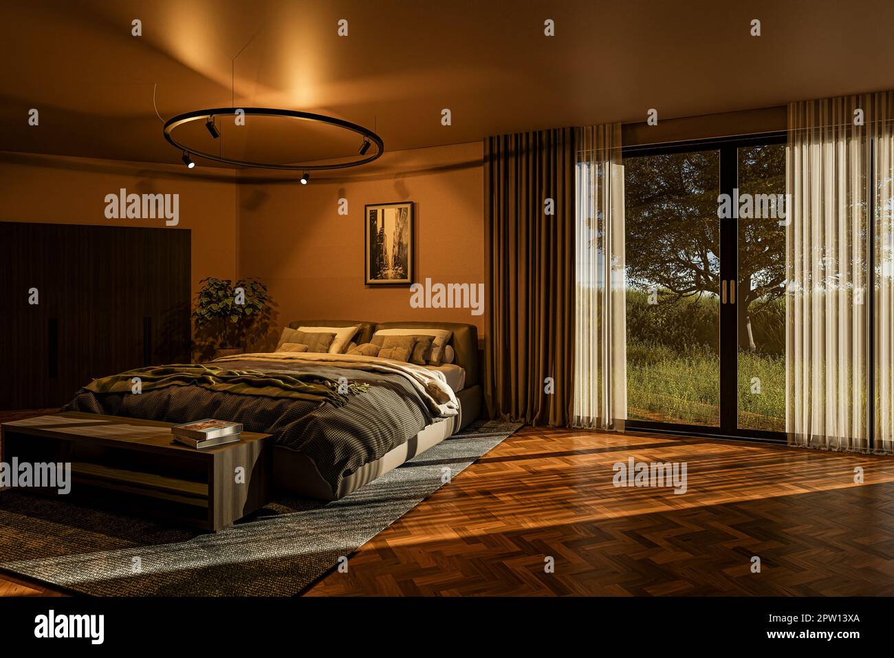 Blick aus einem modernen Schlafzimmer in einen Garten mit einem Baum an einem sonnigen Abend - Illustration aus dem Jahr 3D Stockfoto