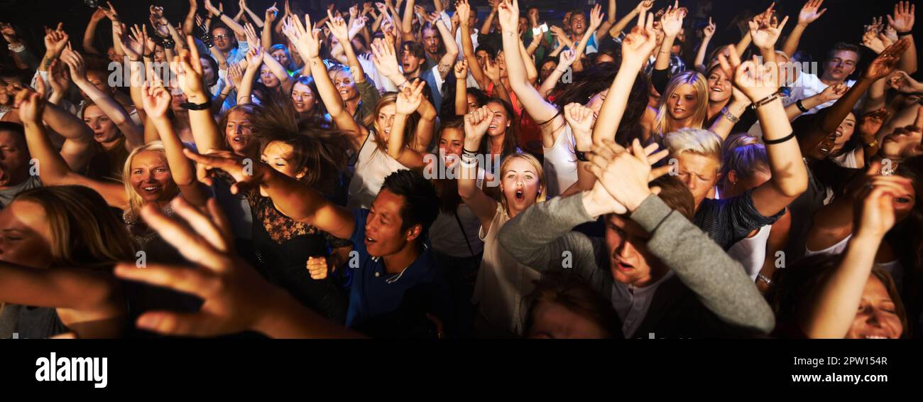 Musik, Tanz und Party mit den Zuschauern bei einem Konzert für Rock, Live-Band oder Festival. Neujahr, Energie und Disco mit Zuschauern von Fans, die A hören Stockfoto