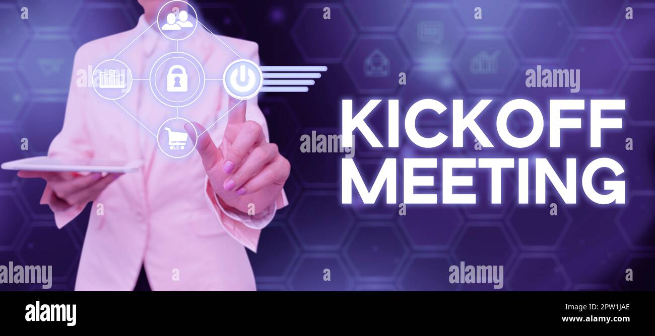 Schreiben mit Text Kickoff Meeting, Konzeptfoto Spezialdiskussion über die Rechtmäßigkeit des Projekts Stockfoto