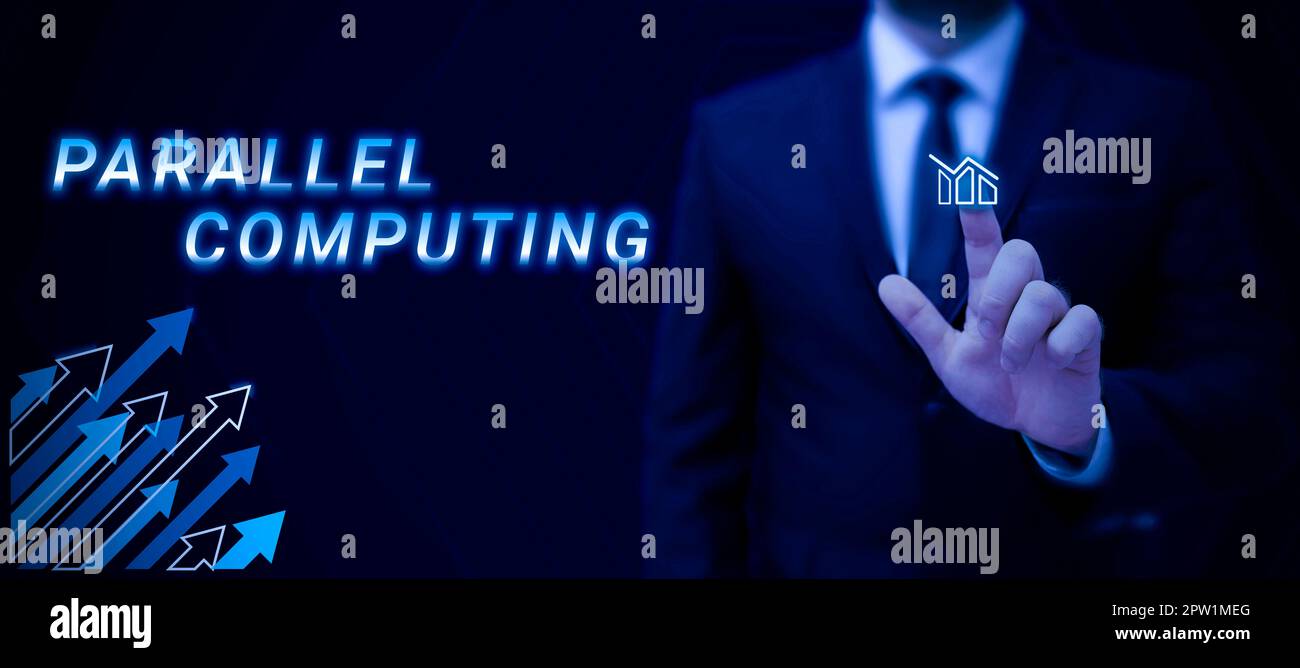 Schild mit paralleler Datenverarbeitung, Word für gleichzeitige Berechnung mittels Software und Hardware Stockfoto