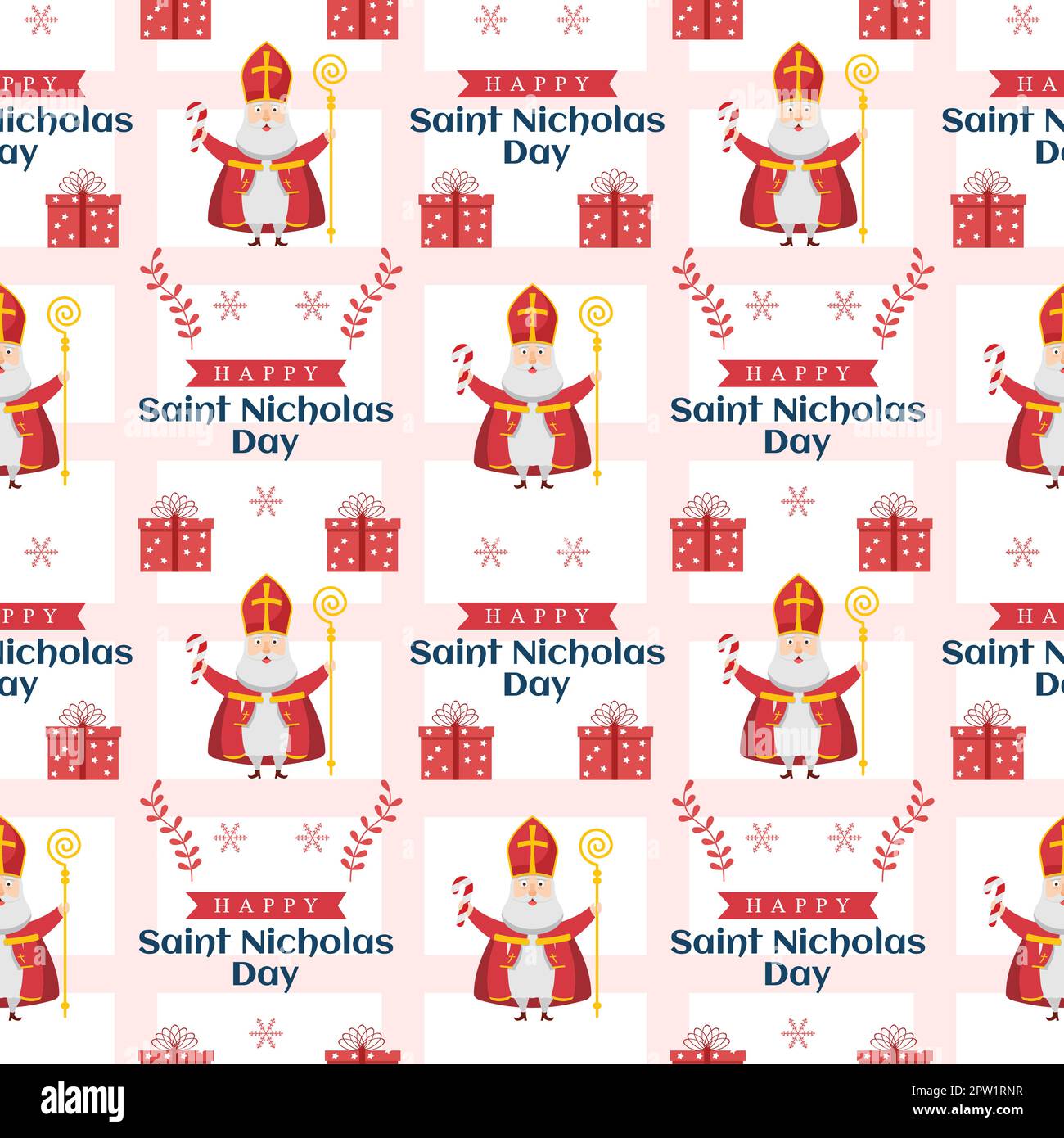 St. Nikolaus Tag oder Sinterklaas Nahtloses Muster mit Geschenkbox und Winter-Vorlage Hintergrund handgezeichnete Cartoon flache Illustration Stock Vektor