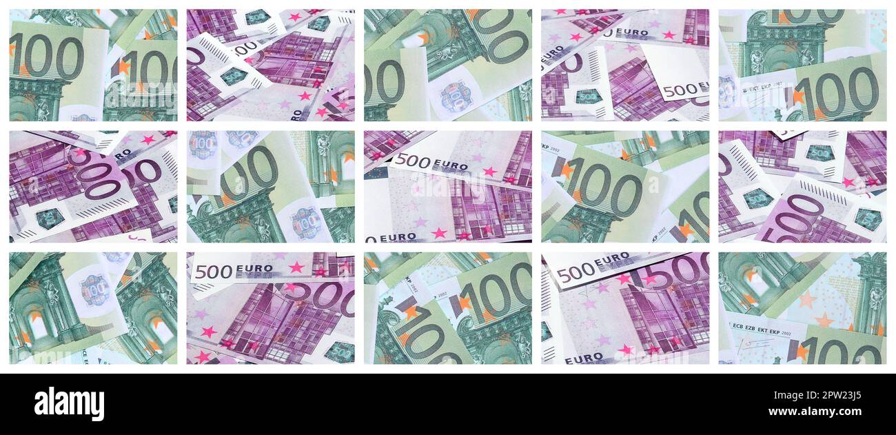 Eine Collage aus vielen Bildern von Hunderte von Dollar und Euro Rechnungen in einem Haufen Lügen Stockfoto