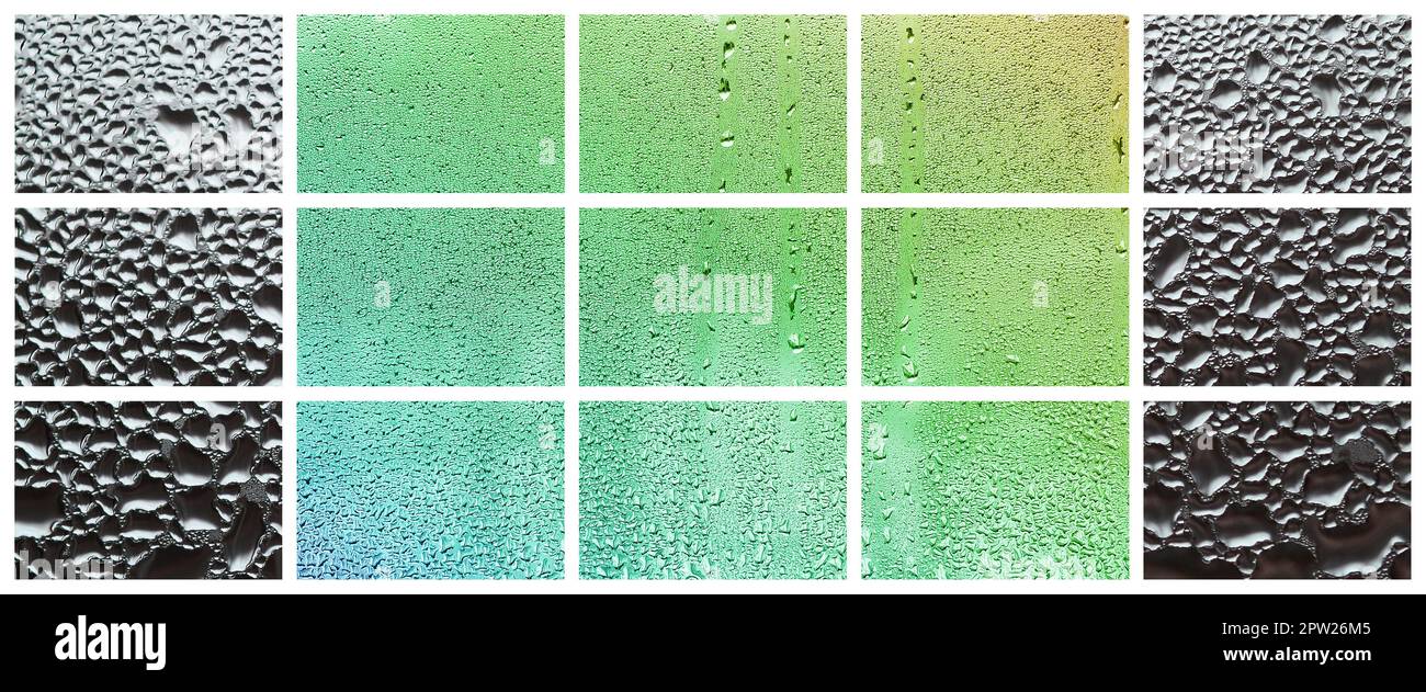 Eine Collage aus vielen verschiedenen Fragmenten aus Glas, mit regen Tropfen aus dem Kondensat eingerichtet. Feder gehalten und mit grünen und blauen Farben Stockfoto