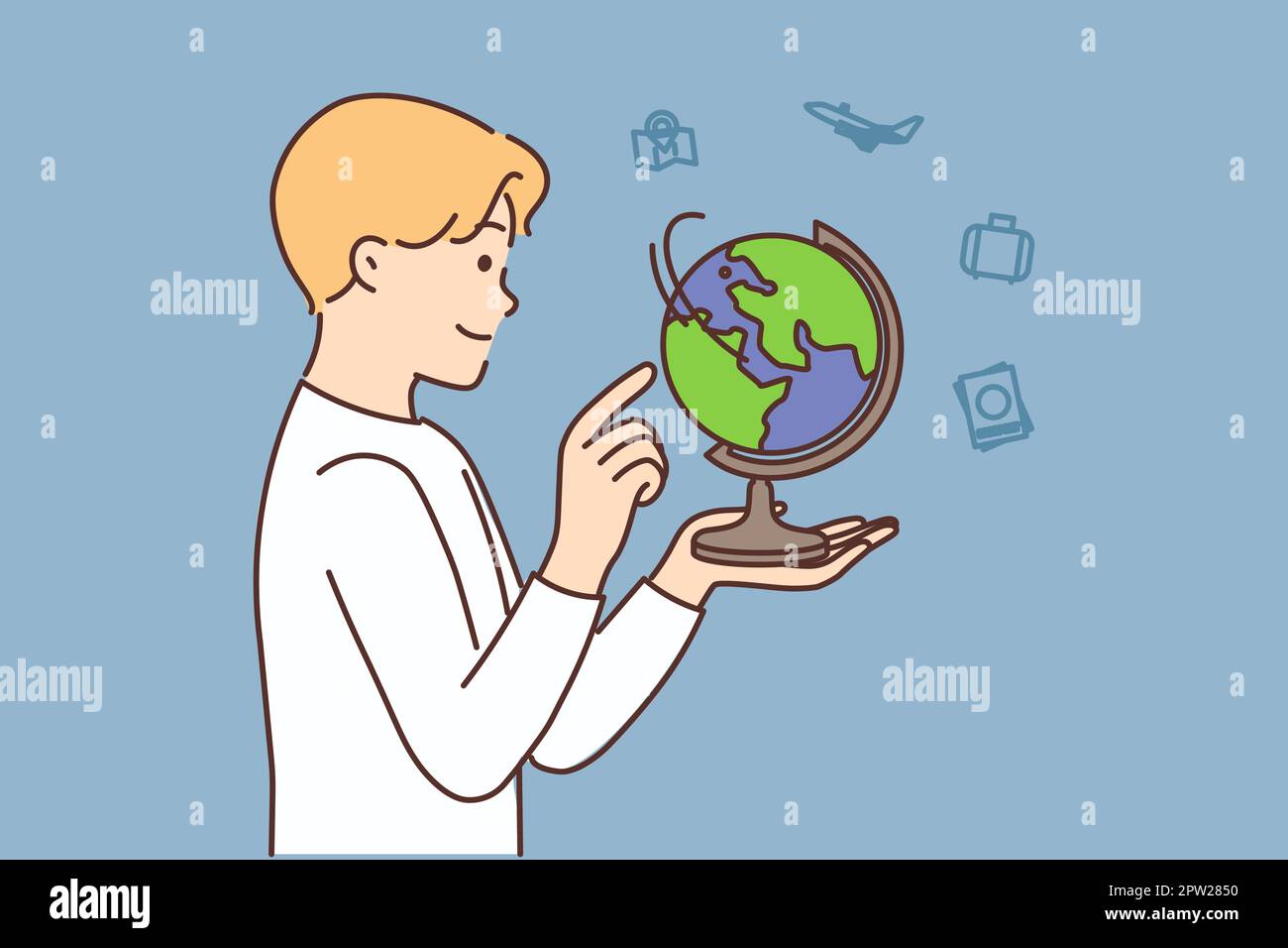 Ein lächelndes Kind, das auf die sich drehende Kugel schaut und ein Objekt in den Händen hält. Fröhliches Kind, genieße es, den Planeten zu entdecken. Geografie und Hobby. Vektordarstellung. Stockfoto