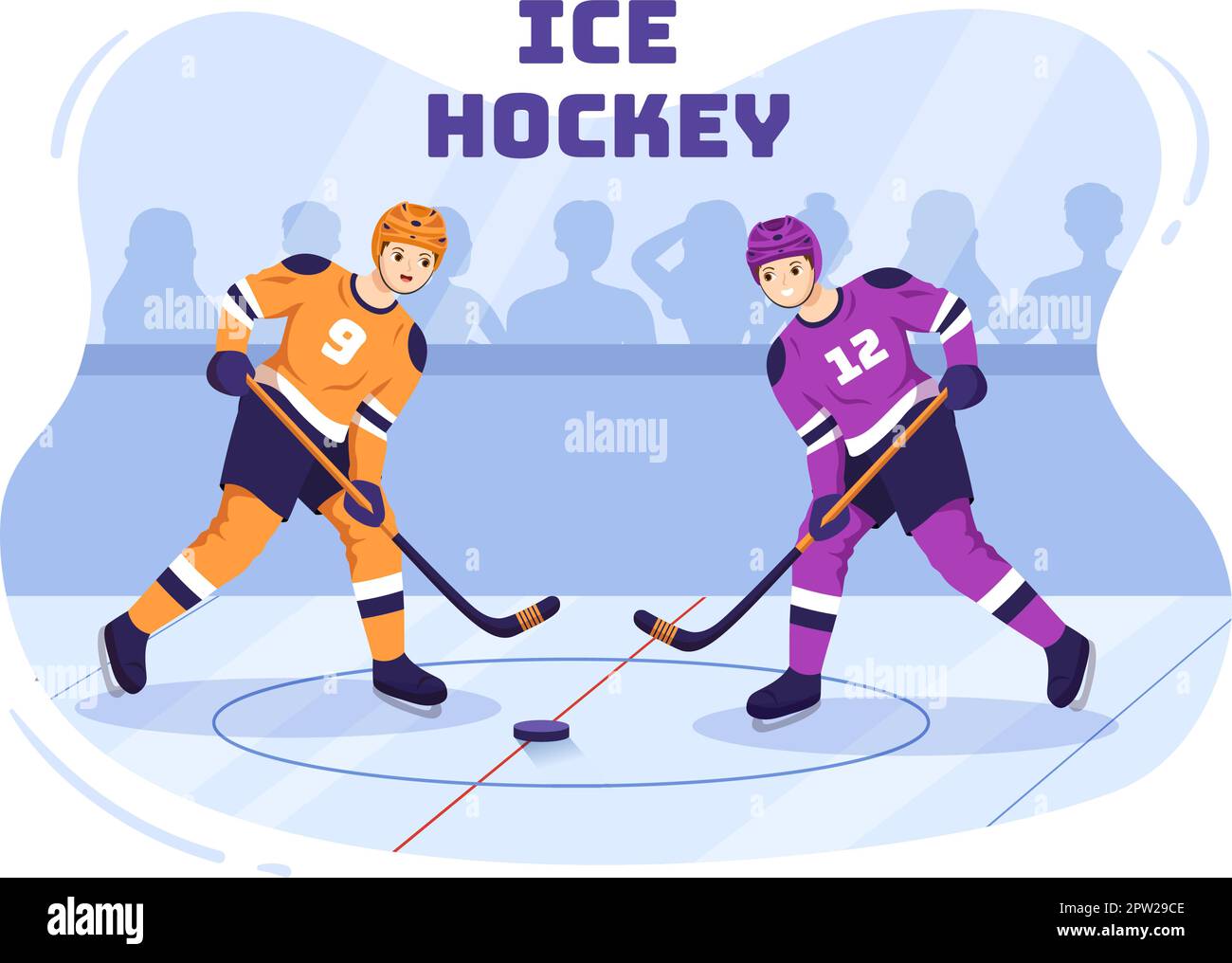 Eishockey-Spieler Sport mit Helm, Stock, Puck und Schlittschuhe auf Eisfläche für Spiel oder Meisterschaft in flachen Cartoon Handgezeichnete Vorlagen Illustration Stock Vektor