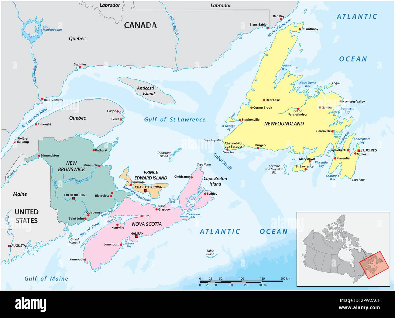 Detaillierte Vektorkarte der vier kanadischen Küstenprovinzen Stock Vektor