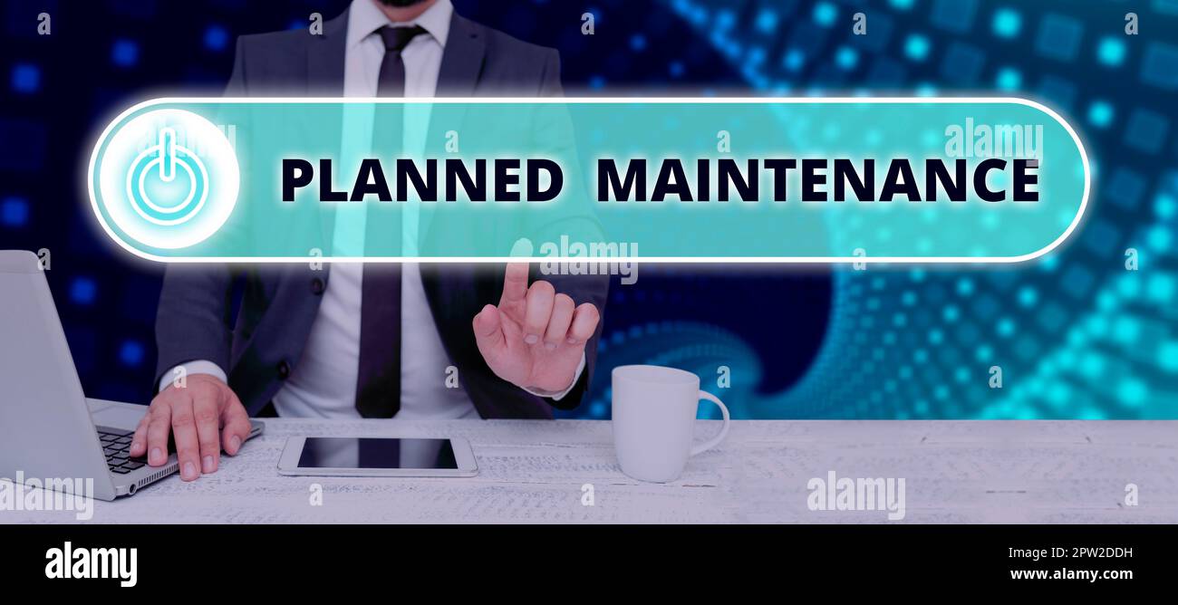 Konzeptionelle Darstellung geplante Wartung, regelmäßige Überprüfung des Geschäftsansatzes Stockfoto