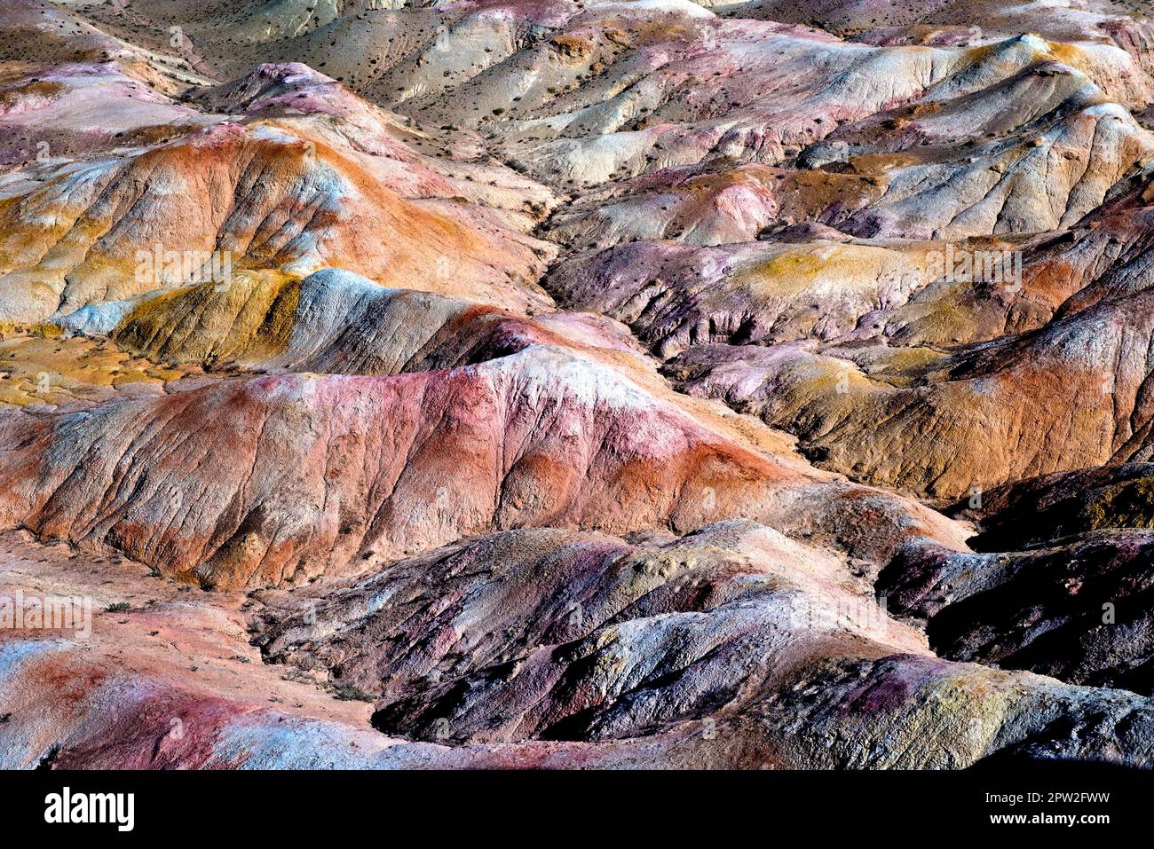 Bunte, ausgewaschene und von der Witterung zerklüfte Felsformationen, die sogenannte „White Stupa“ in der Halbwüste der Wüste Gobi, Mongolei, Zentra Stockfoto