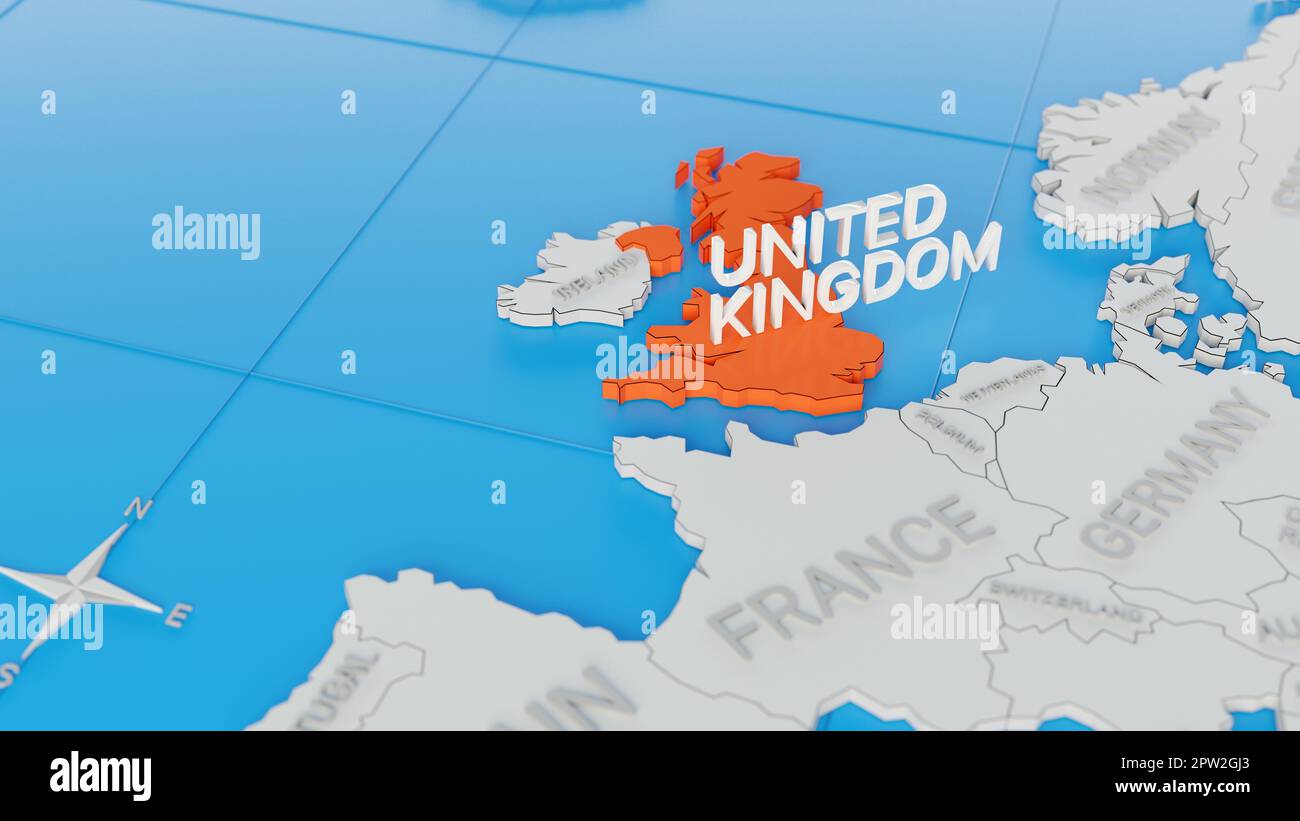 Großbritannien auf einer weißen vereinfachten 3D-Weltkarte hervorgehoben. Digitales 3D-Rendern. Stockfoto