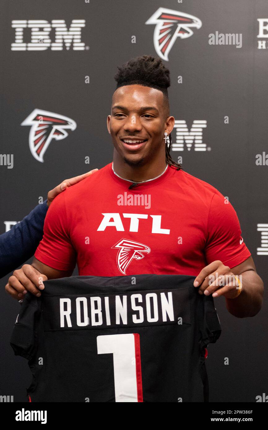 Atlanta Falcons firstround draft pick Bijan Robinson poses for a photo
